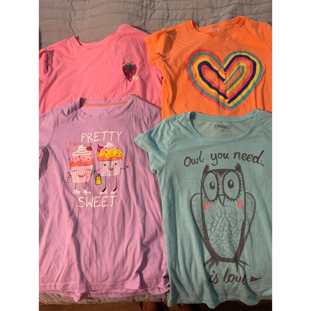 Girls Graphic T-Shirt Lot 4pc Cat & Jack Mudd BCG Size 10-14 Pink Orange Blue